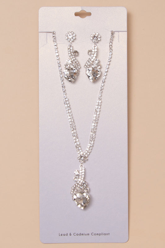 Leah Necklace and Earring Set with Crystal Heart Pendant | Silver