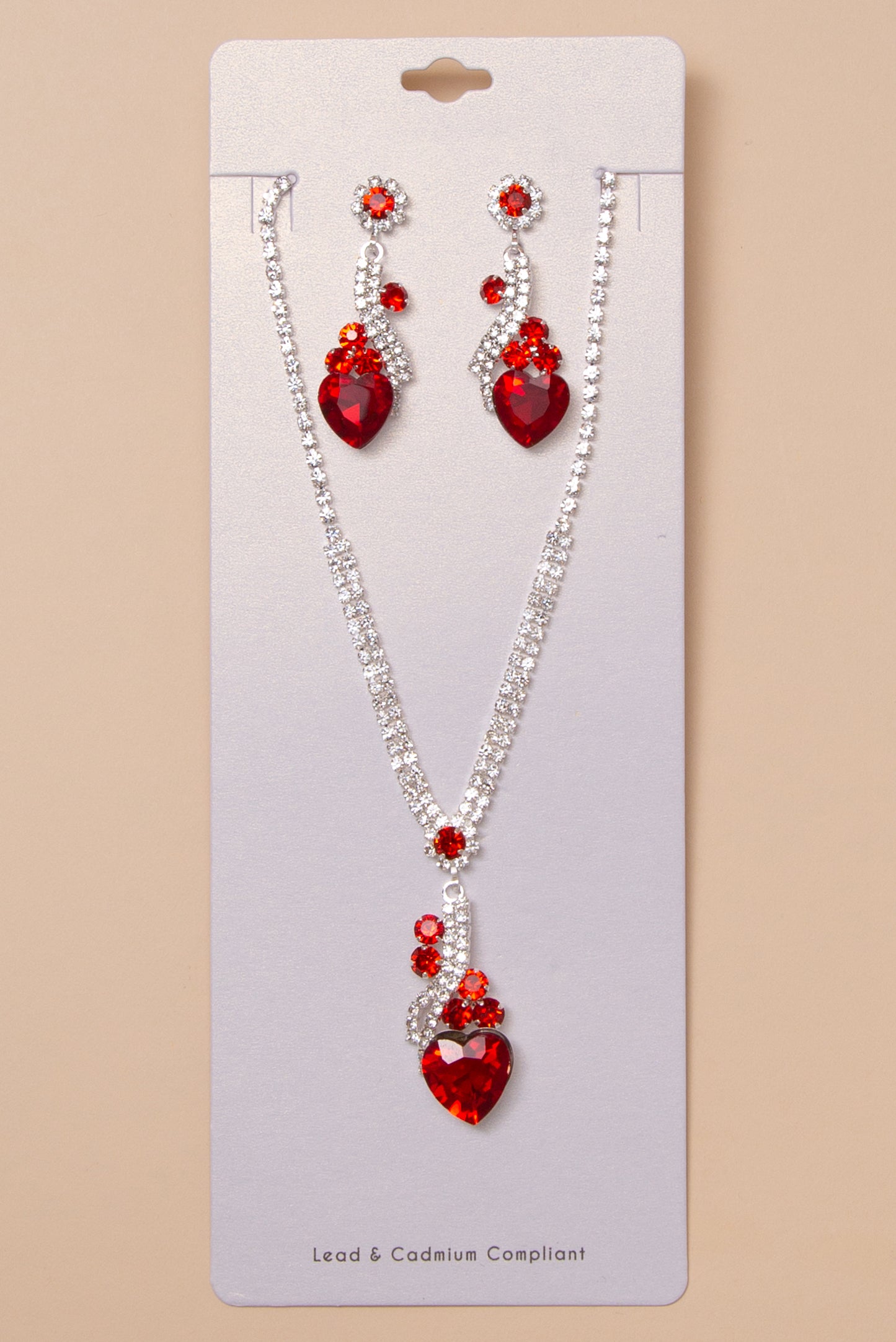 Leah Necklace and Earring Set with Crystal Heart Pendant | Red