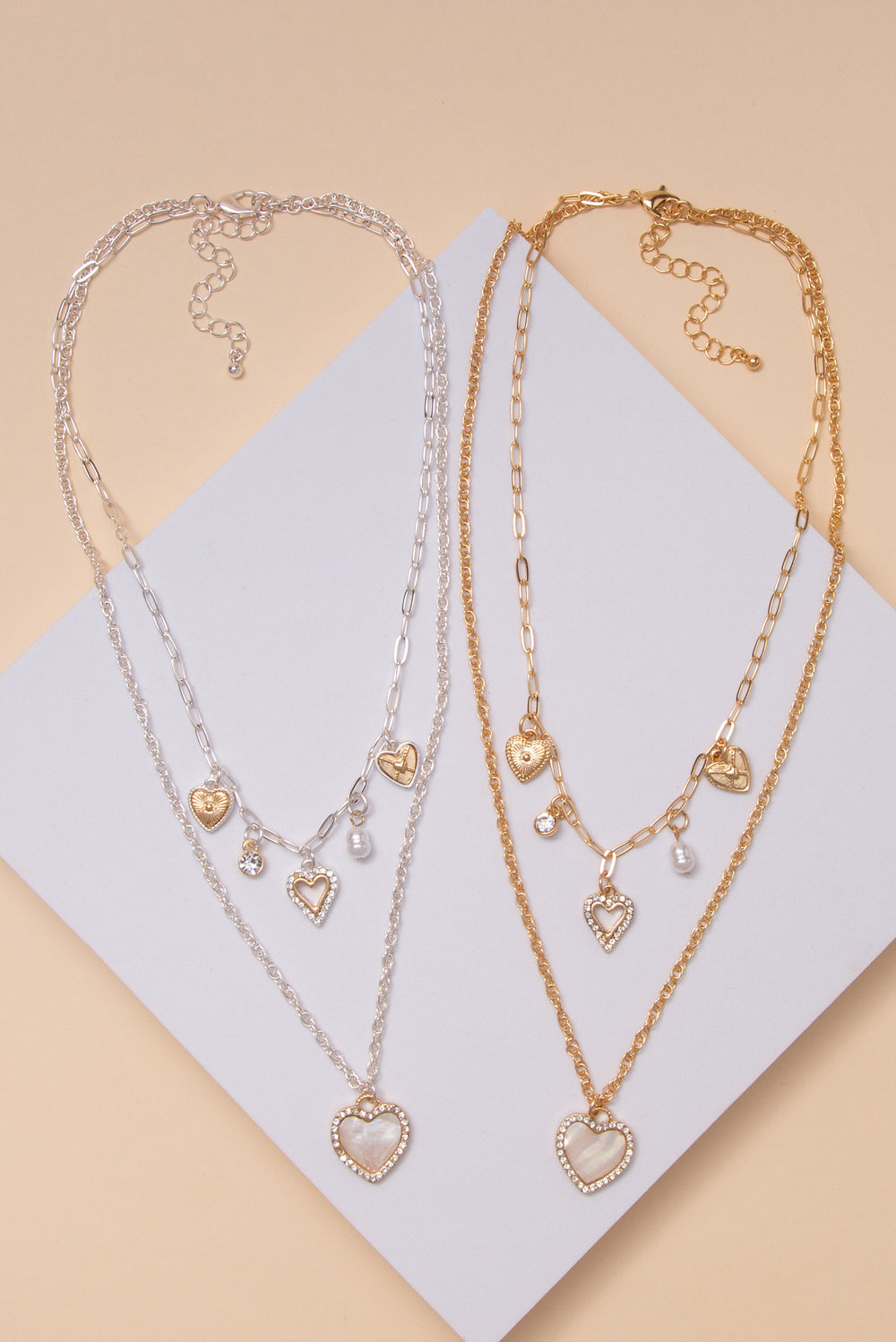 Alma Heart Charm Layered Necklace with Crystal and Pearl Accents