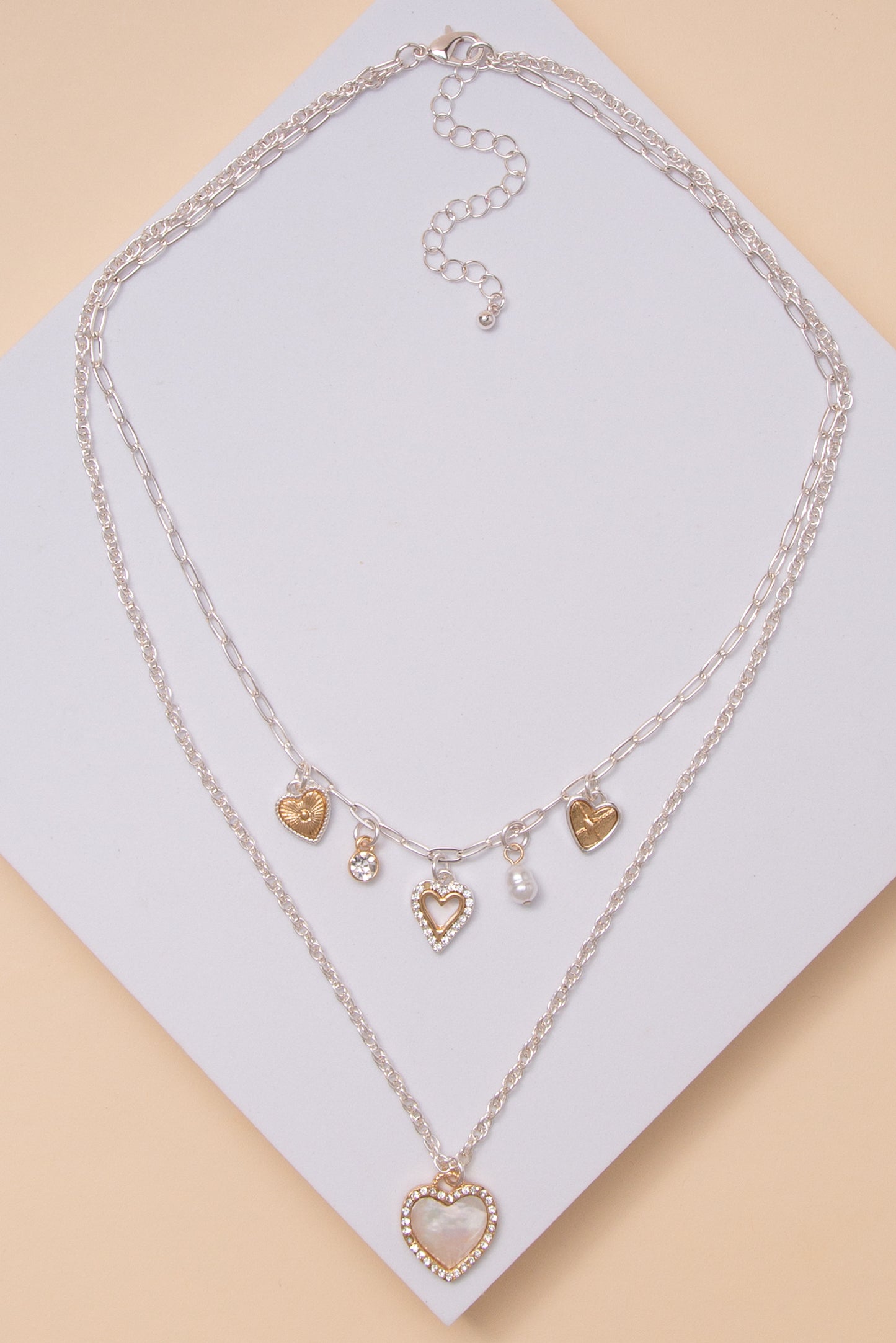 Alma Heart Charm Layered Necklace with Crystal and Pearl Accents | Silver