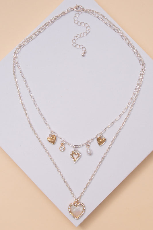 Alma Heart Charm Layered Necklace with Crystal and Pearl Accents | Silver