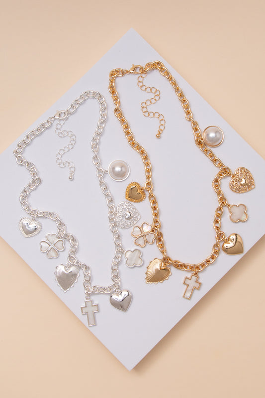 Helen Heart and Symbol Charm Necklace with Crystal and Pearls