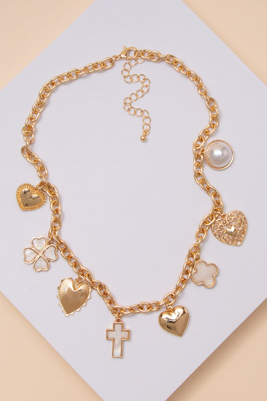 Helen Heart and Symbol Charm Necklace with Crystal and Pearls | Gold