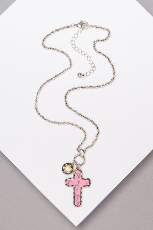 Stephanie Western Stone Cross Necklace | Pink