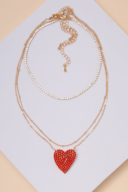 Amber Layered Heart Necklace with Rhinestone Heart Pendant | Red
