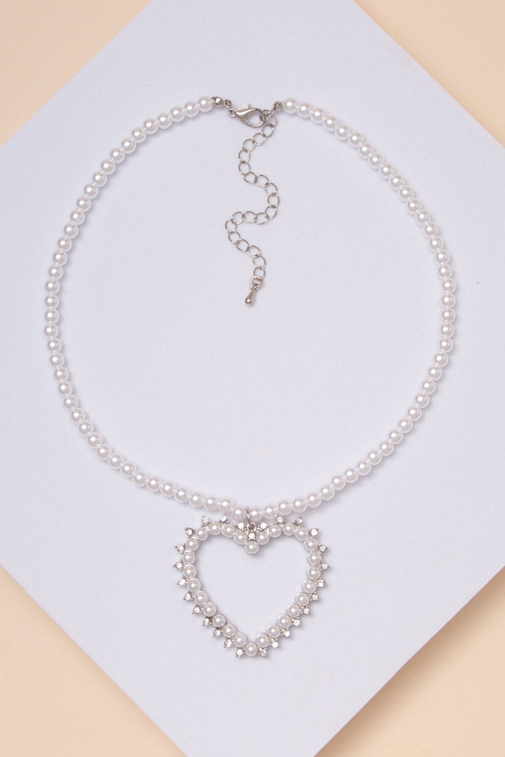Lilian Heart Pendant Necklace with Pearl Beads and Rhinestones