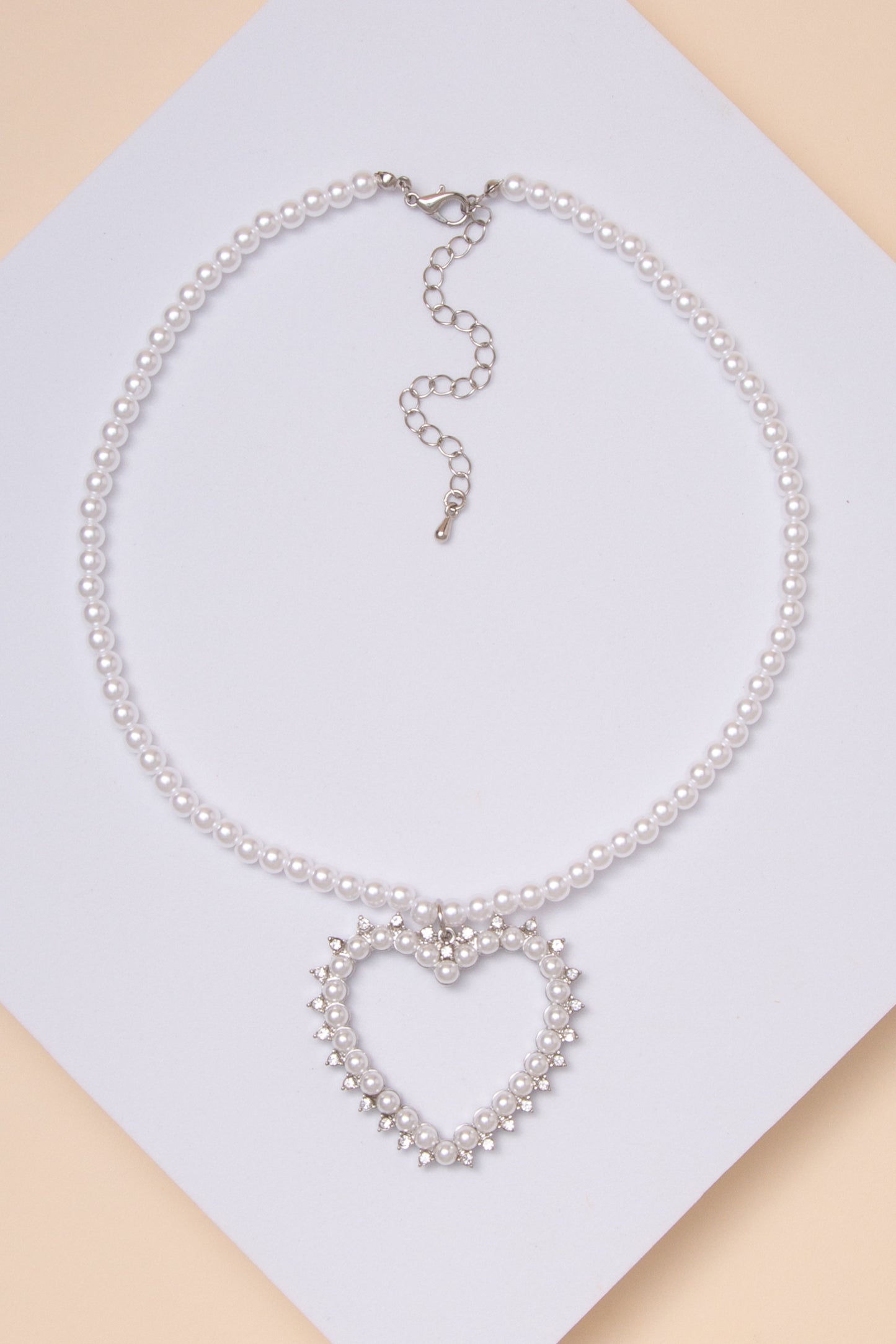 Lilian Heart Pendant Necklace with Pearl Beads and Rhinestones
