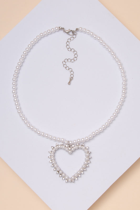 Lilian Heart Pendant Necklace with Pearl Beads and Rhinestones