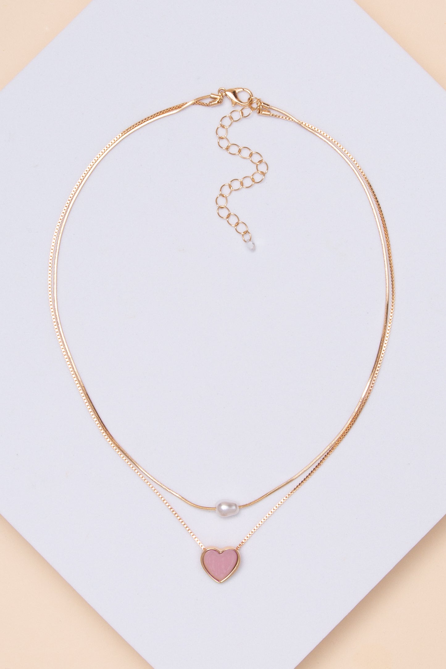 Millie Double Strand Pearl and Heart Necklace | Pink
