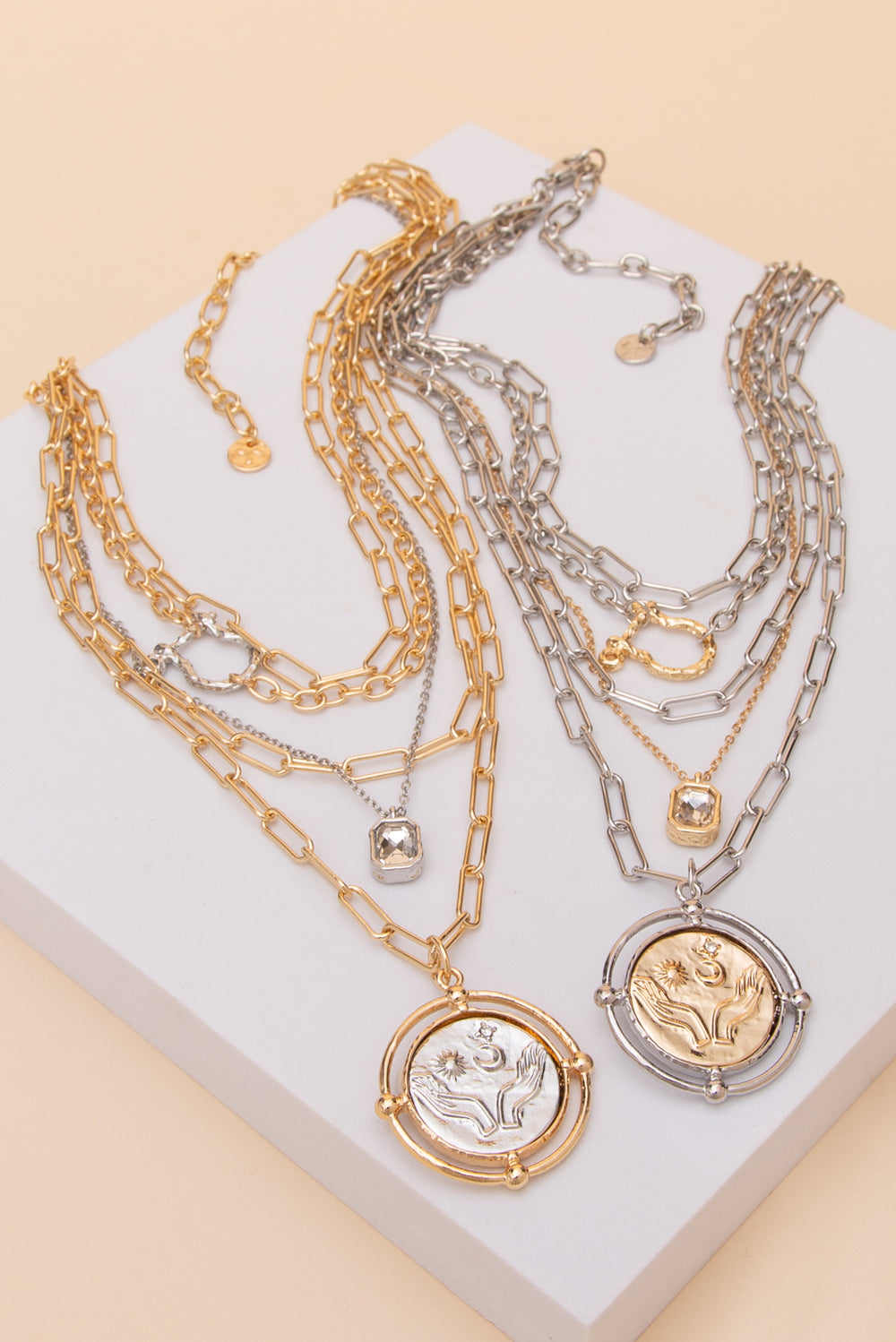 Maya Multi Layered Floral Two Tone Coin Pendant Necklace