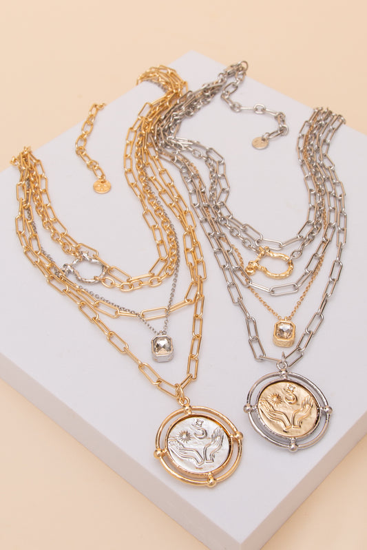 Maya Multi Layered Floral Two Tone Coin Pendant Necklace