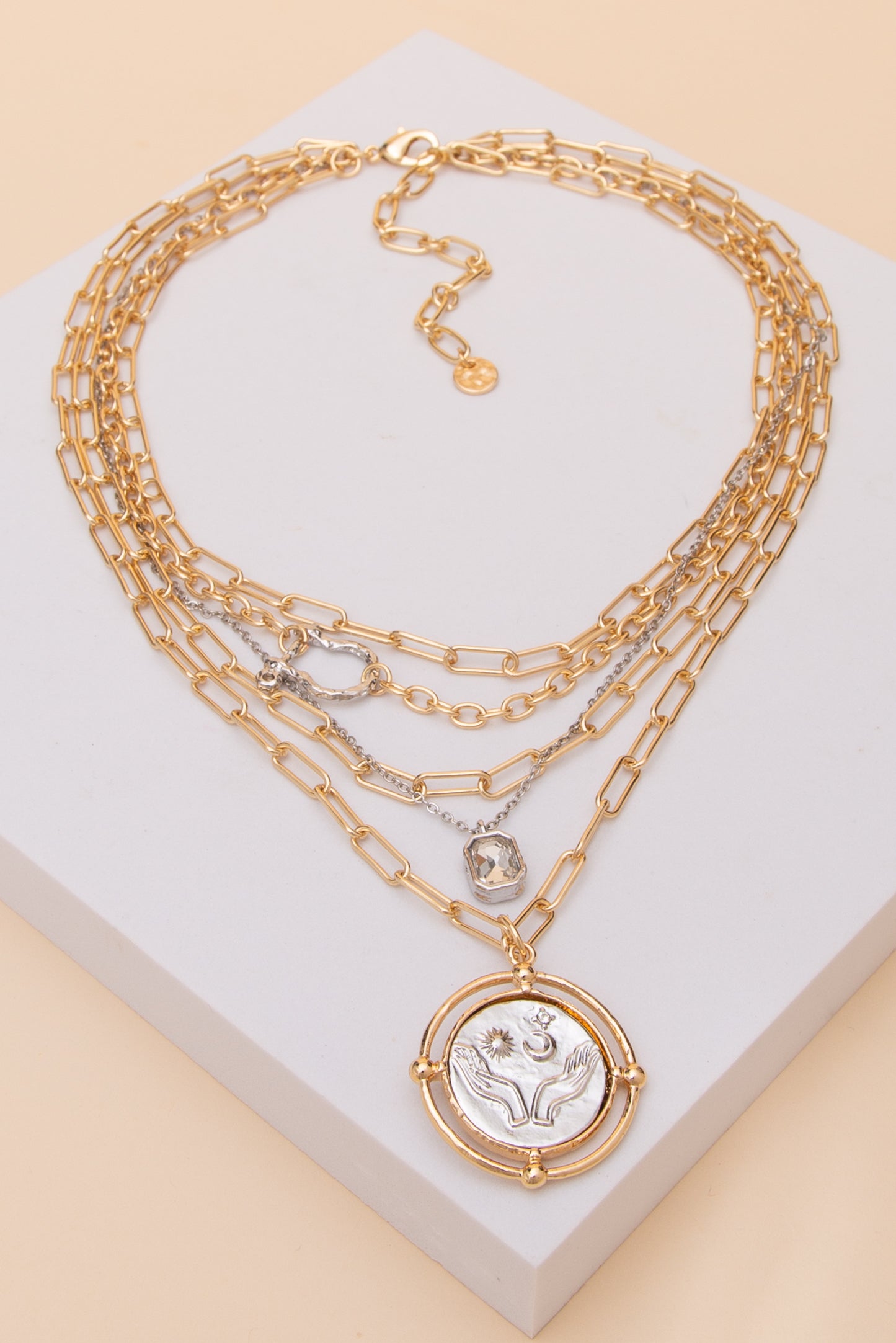 Maya Multi Layered Floral Two Tone Coin Pendant Necklace | Gold