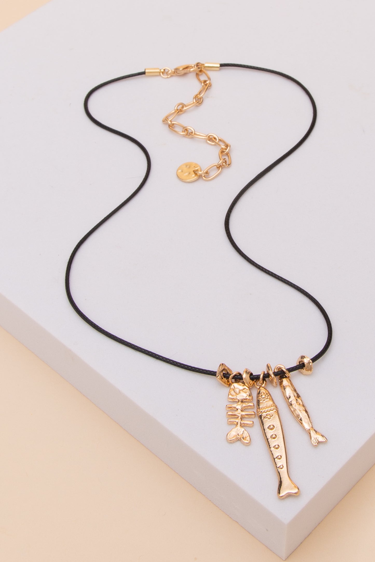 Hailey Gold Tone Fish Charm Cord Necklace | Black