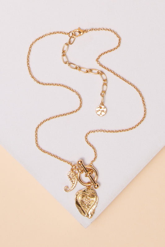 Parker Pearl Heart and Wing Charm Toggle Necklace | Gold 