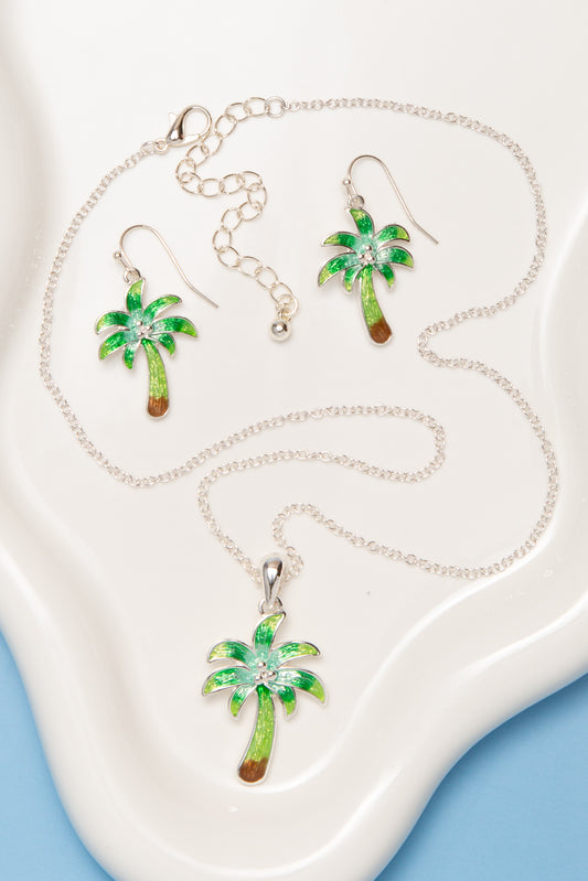 Ella Colored Epoxy Palm Tree Necklace Earring Set