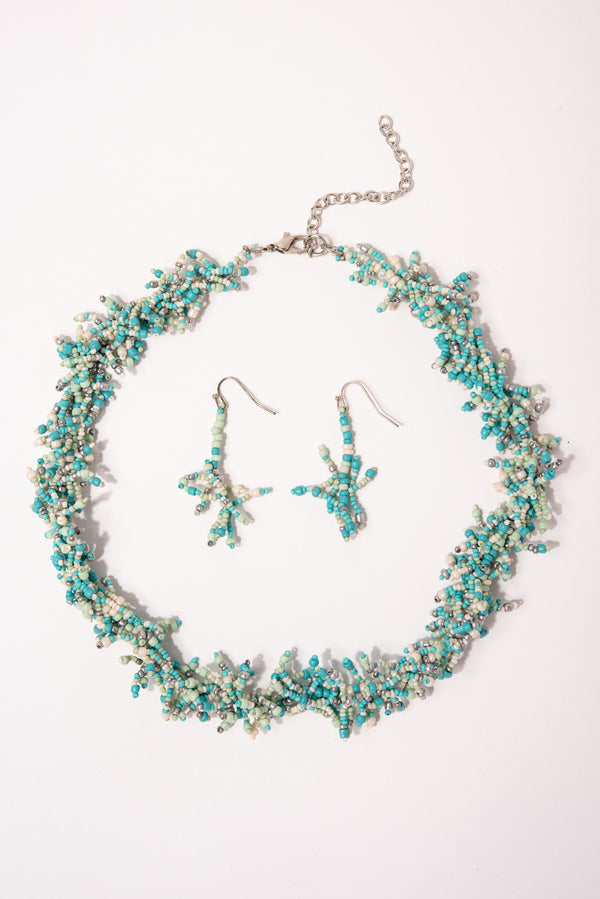Mila Bohemian Seed Bead Cluster Necklace Set - Mint