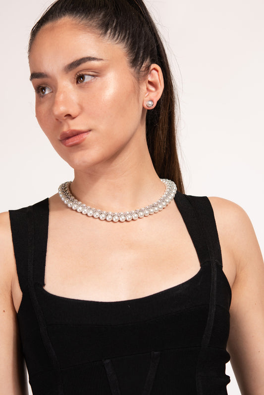 Indira Double Layer Pearl Necklace Set - Silver