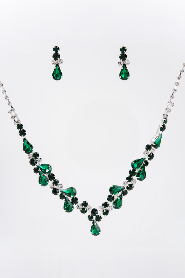 Eden Rhinestone Cluster Elegant Statement Necklace Set - Emerald