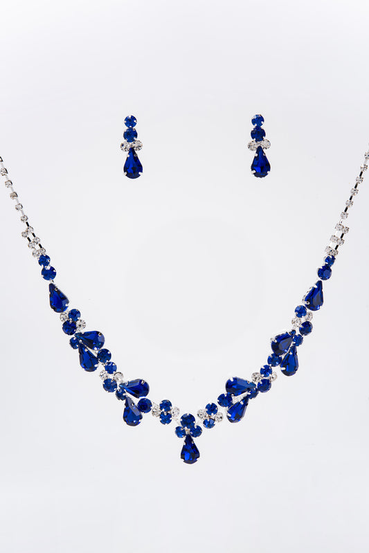 Eden Rhinestone Cluster Elegant Statement Necklace Set - Royal Blue