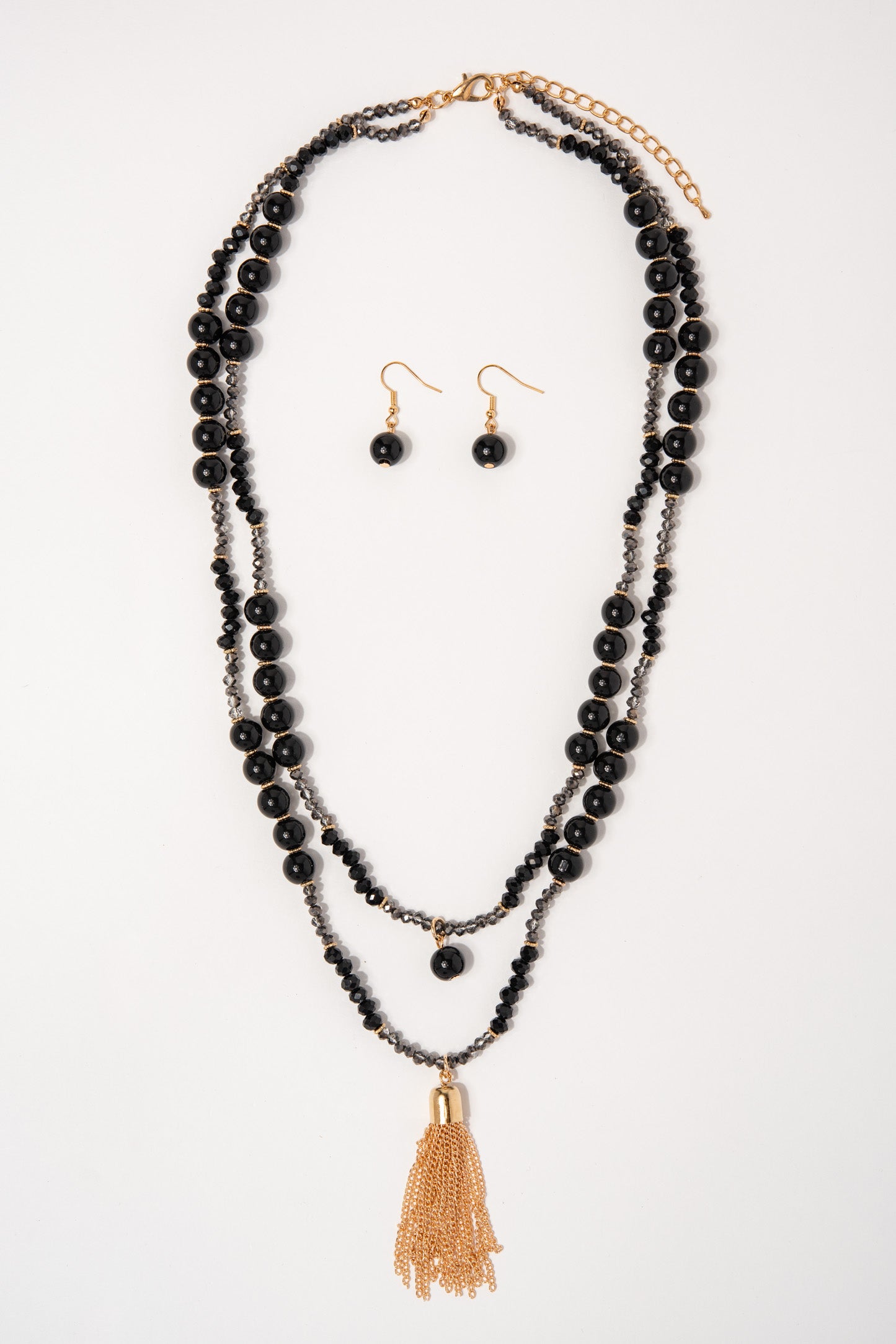 Ava Double Strand Fringe Necklace Set - Black