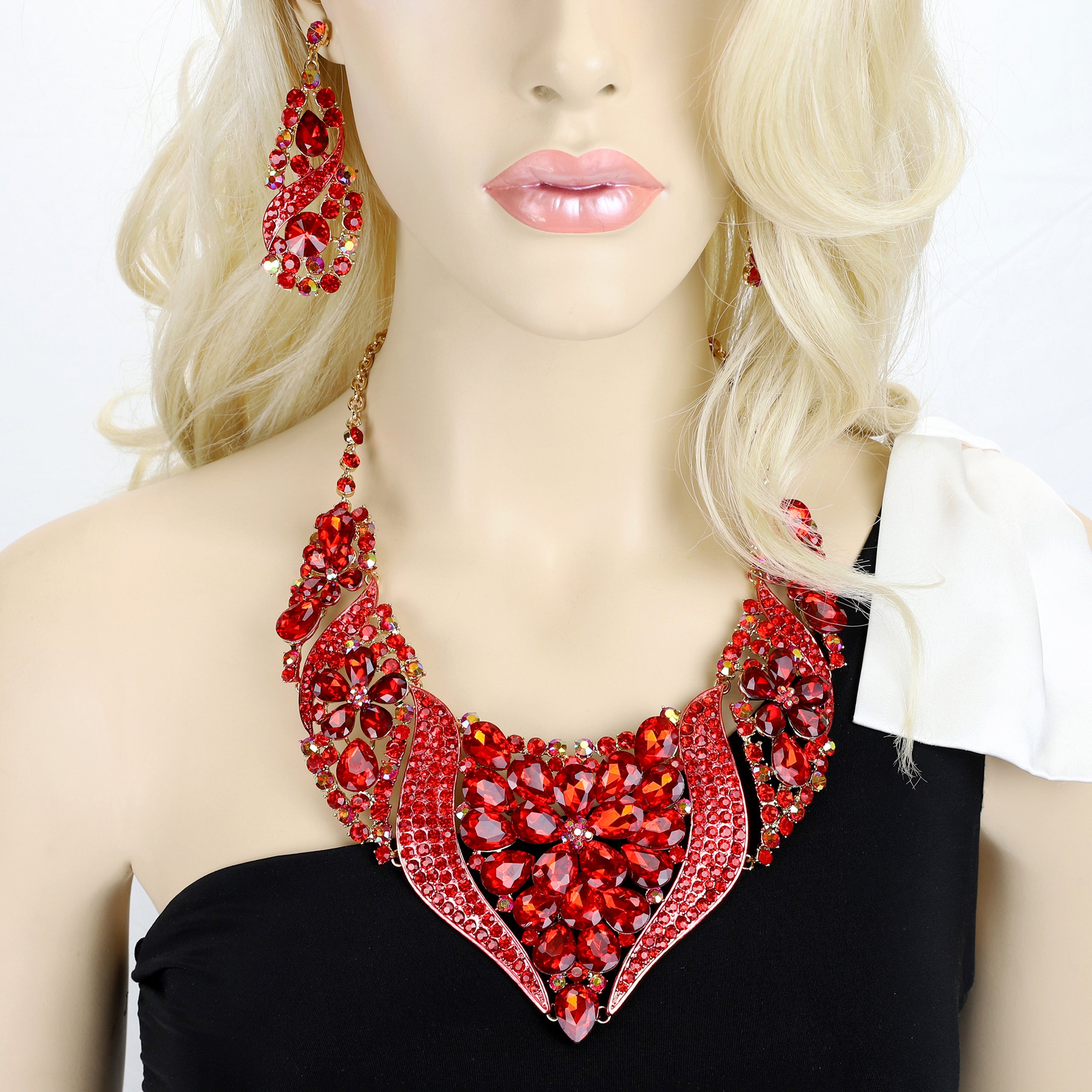 Through The Vine Rhinestone Necklace & Earring Set | Red