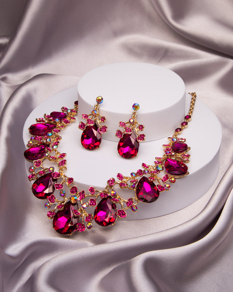 Emma Rhinestone Embellished Teardrop Cut Crystal Necklace Set | Fuchsia