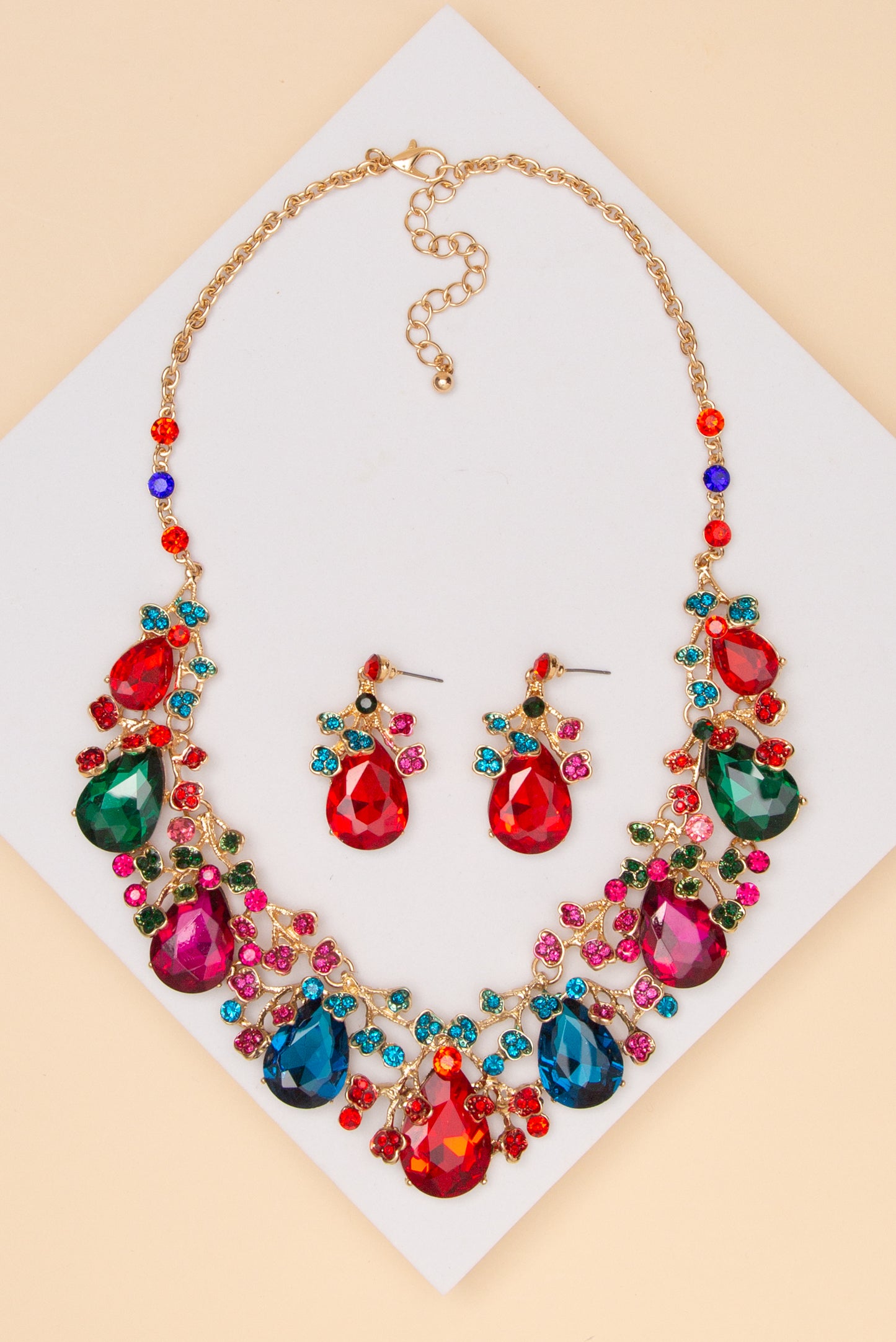 Emma Rhinestone Embellished Teardrop Cut Crystal Necklace Set