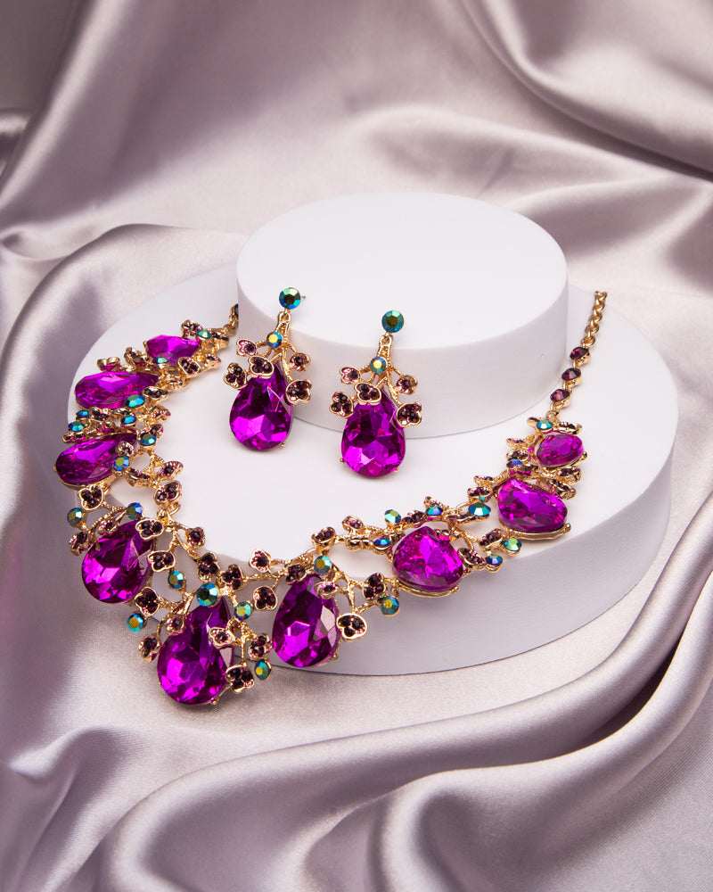 Emma Rhinestone Embellished Teardrop Cut Crystal Necklace Set | Purple