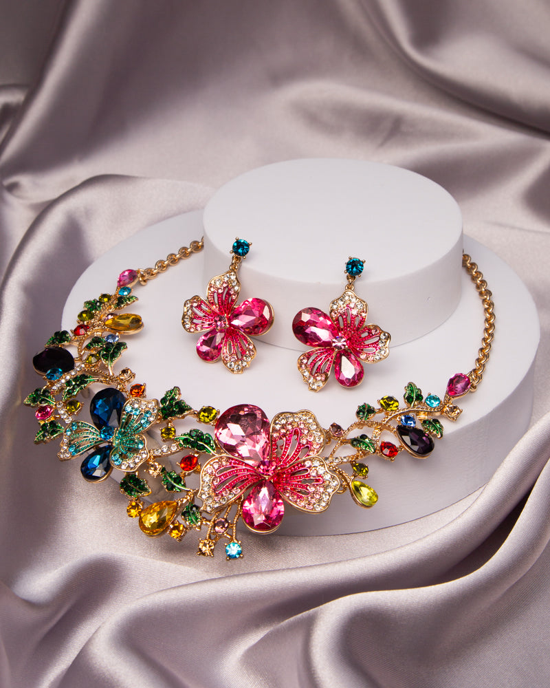 April Rhinestone Embellished Teardrop Cut Crystal Necklace Set | Pink