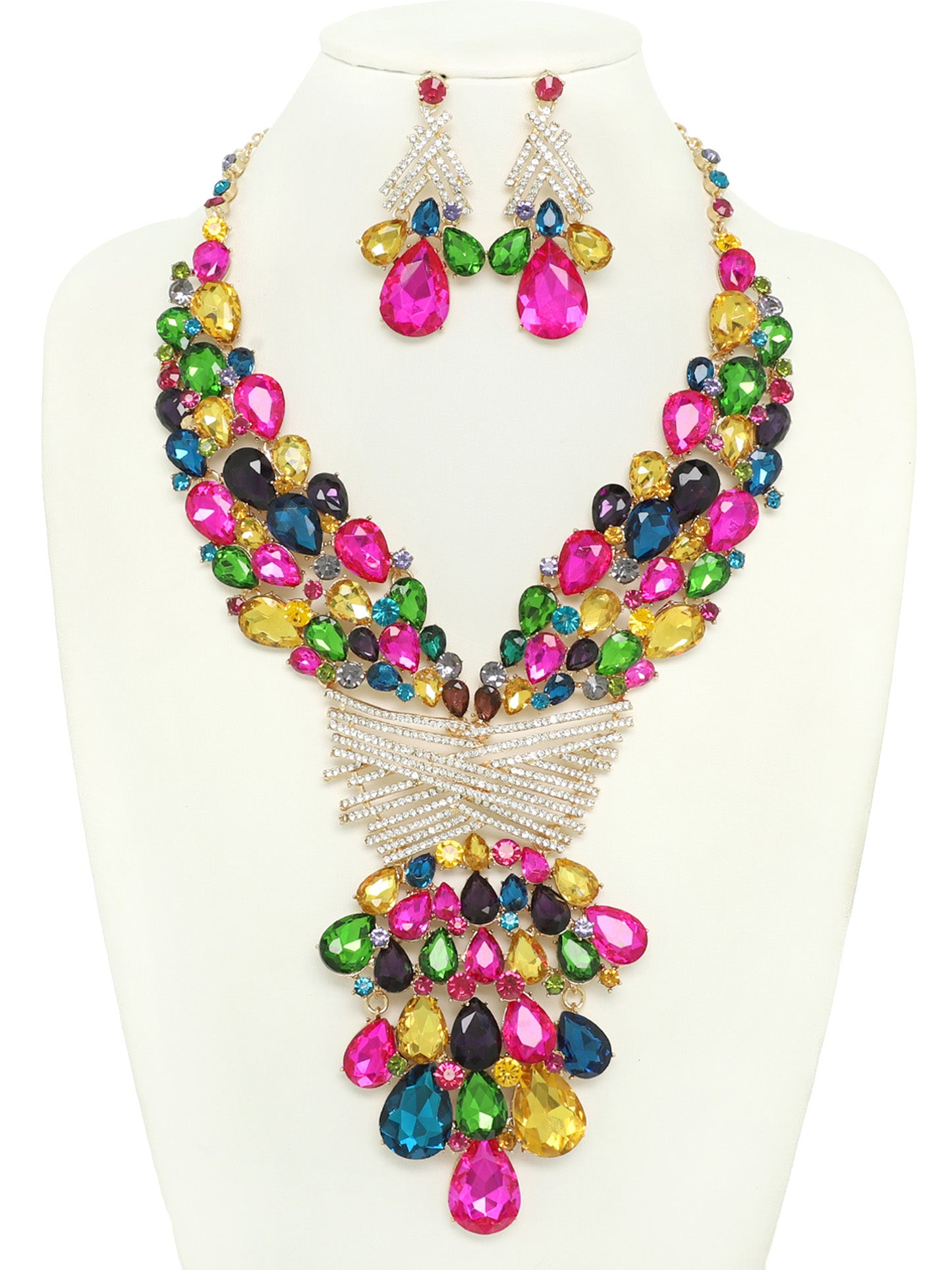 Cleopatra Teardrop Crystal Gemstone Rhinestone Cluster Bib Necklace Set