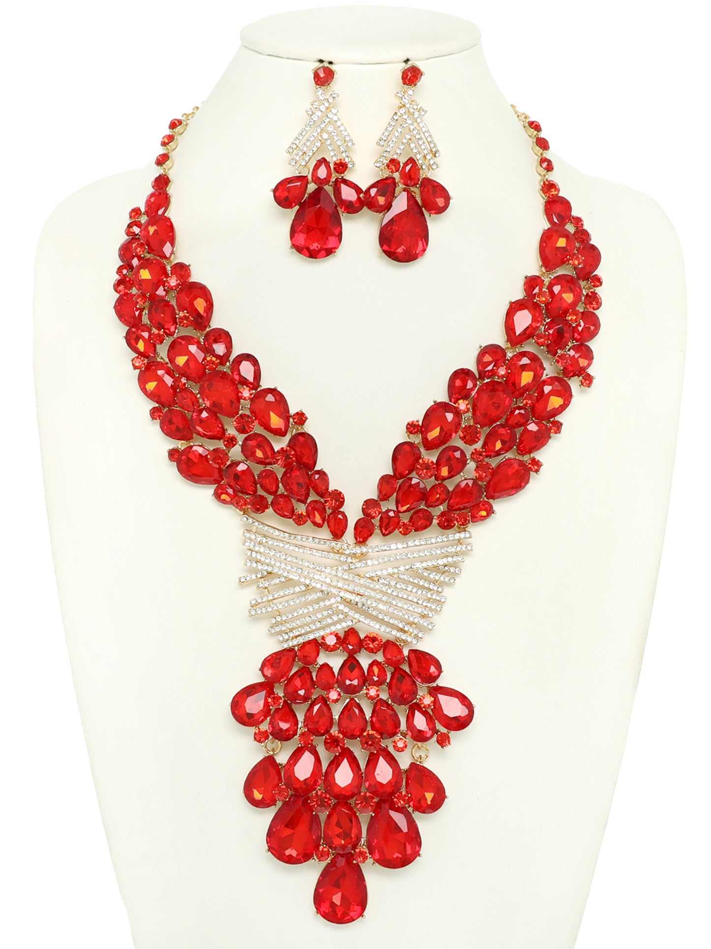 Cleopatra Teardrop Crystal Gemstone Rhinestone Cluster Bib Necklace Set