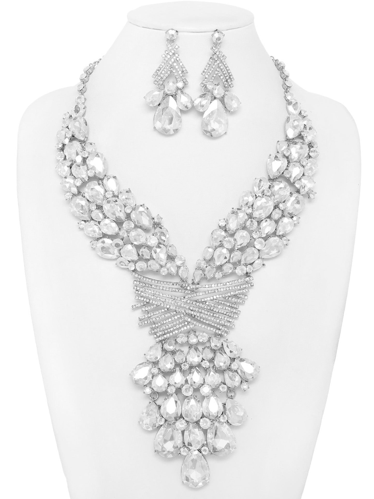 Cleopatra Teardrop Crystal Gemstone Rhinestone Cluster Bib Necklace Set