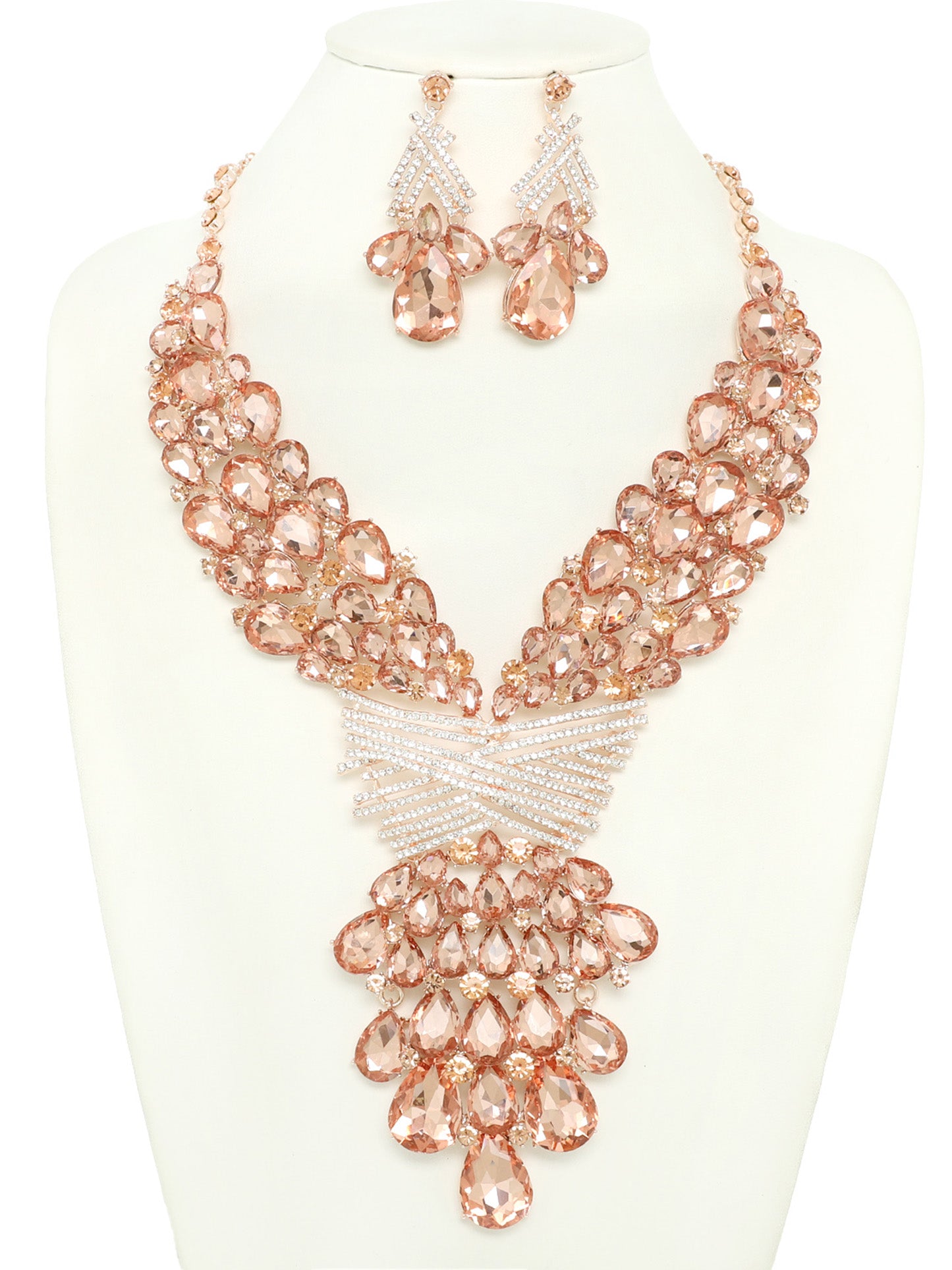 Cleopatra Teardrop Crystal Gemstone Rhinestone Cluster Bib Necklace Set