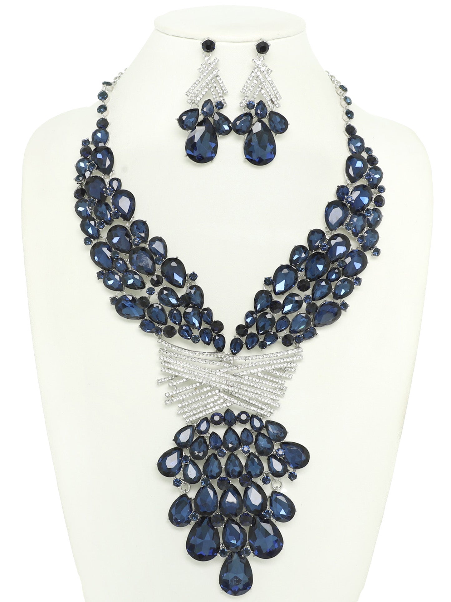 Cleopatra Teardrop Crystal Gemstone Rhinestone Cluster Bib Necklace Set