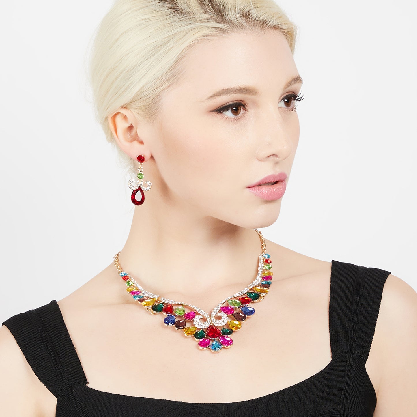 Gaia Teardrop Rhinestone Necklace & Earring Set - Iridescent