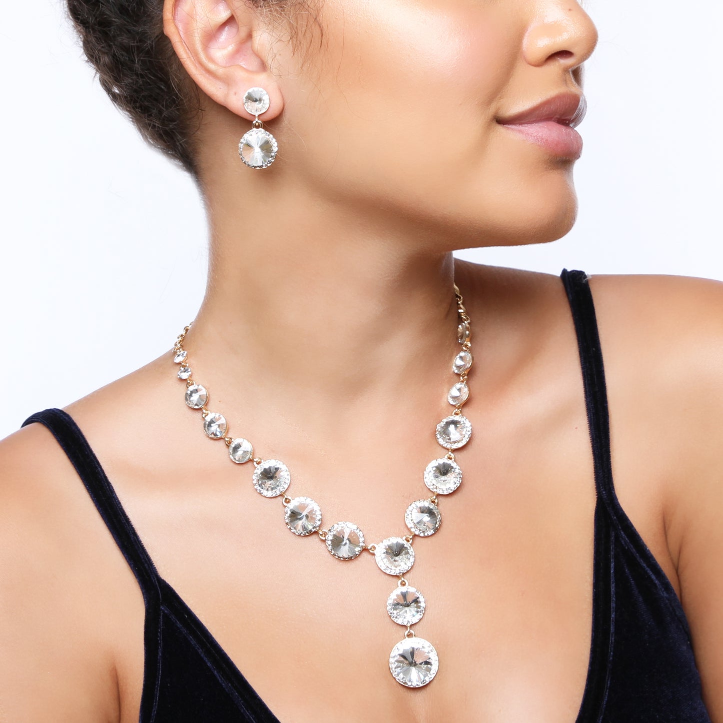 Aaliyah Round Drop Rhinestone Necklace & Earring Set