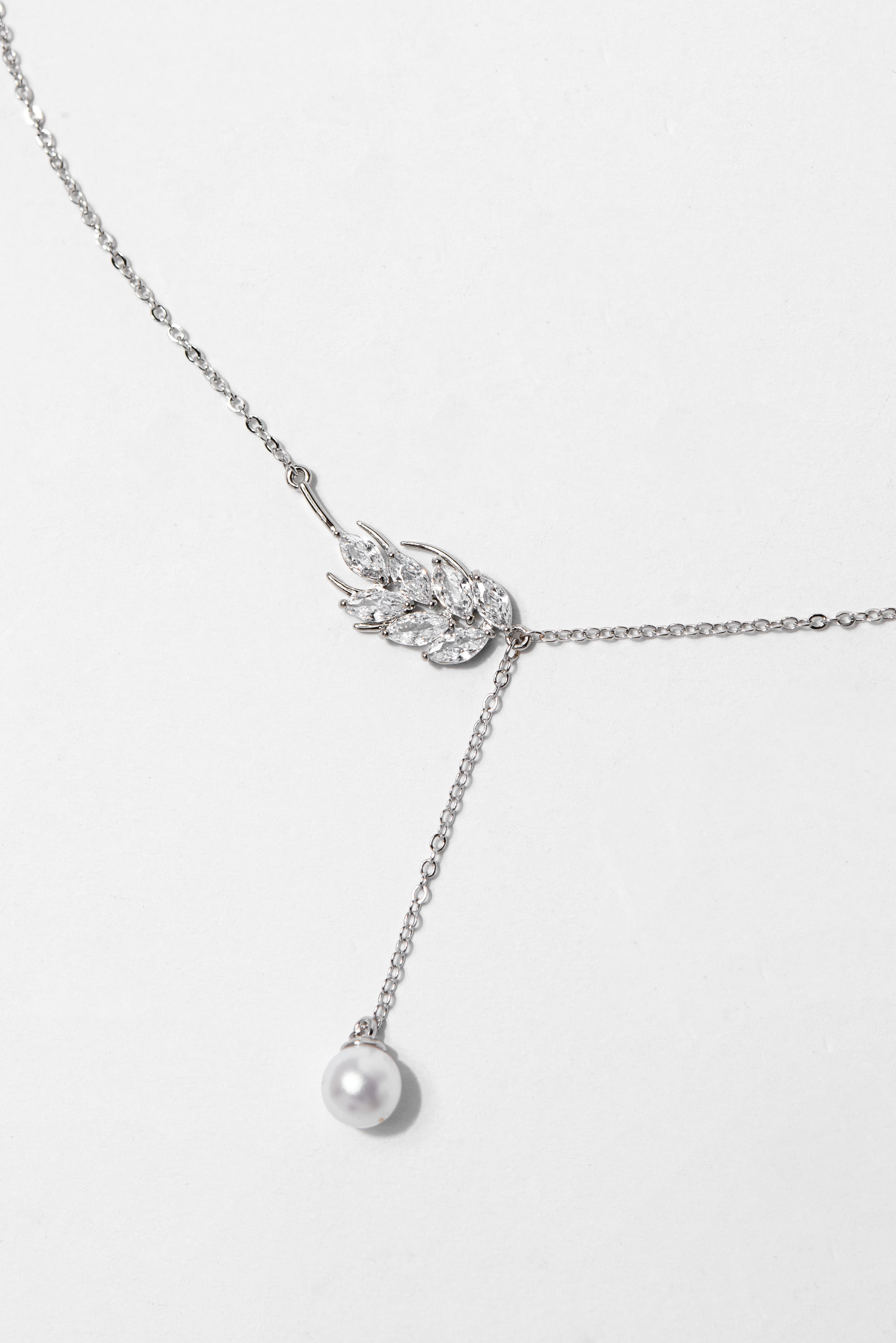Rosa Vine Pearl CZ White Gold Plated Necklace