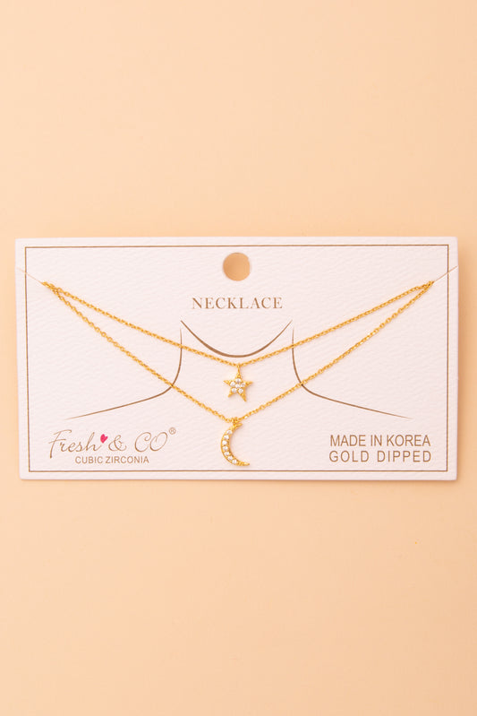 Kassidy Cubic Zirconia Moon and Star Pendant Chain Necklace | Gold