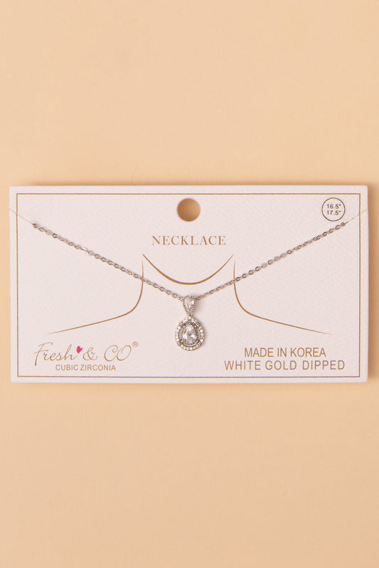 Camila Cubic Zirconia Teardrop Halo Pendant Necklace | White Gold