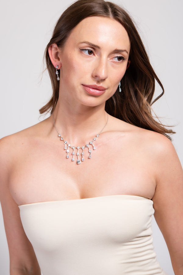 Glam Cubic Z Necklace Set - Silver Crystal
