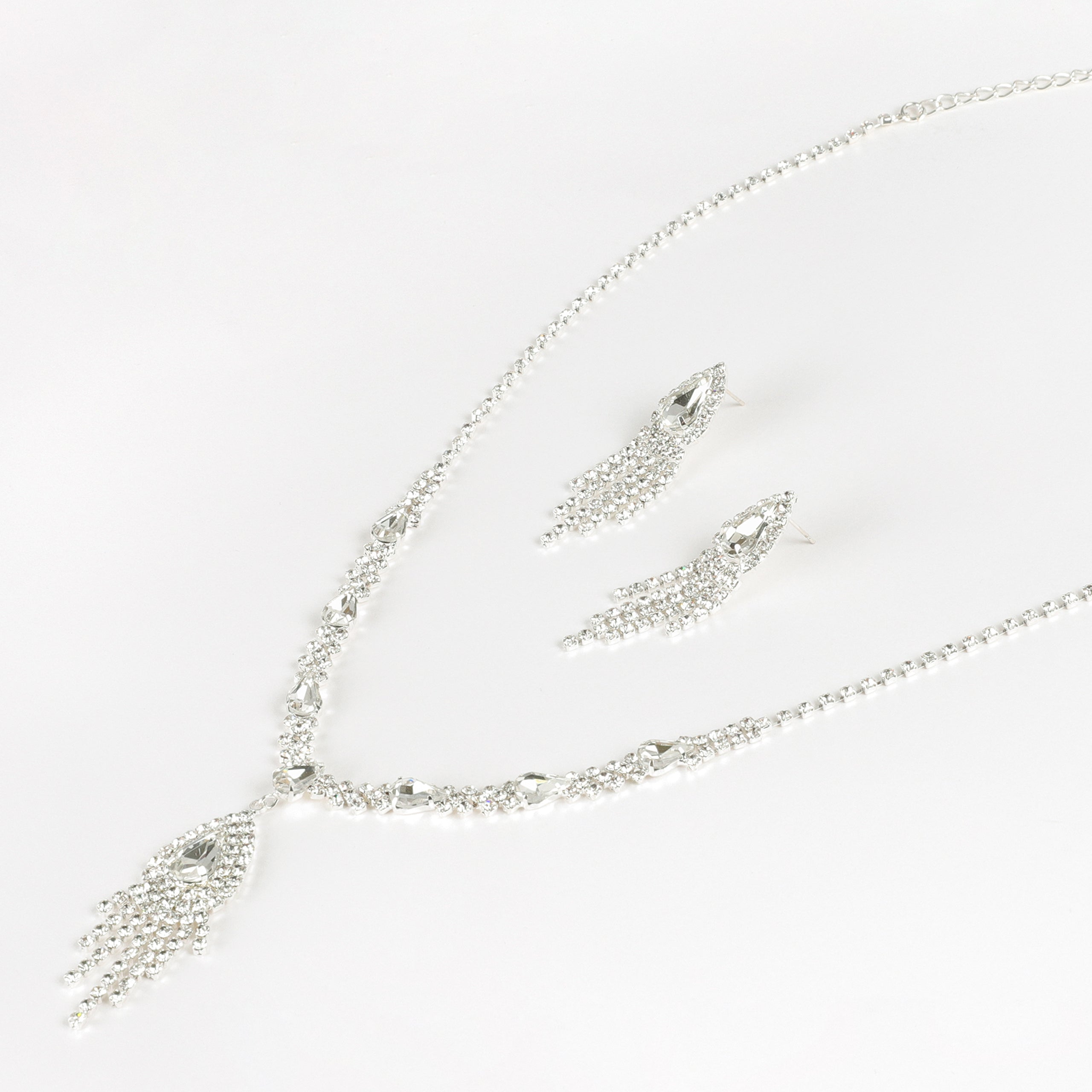Caroline Teardrop Rhinestone Necklace & Earring Set | Silver