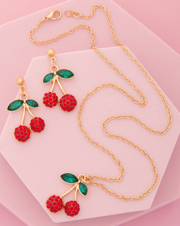 Andrea Red Crystal Rhinestone Cherry Pendant Necklace & Earring Set