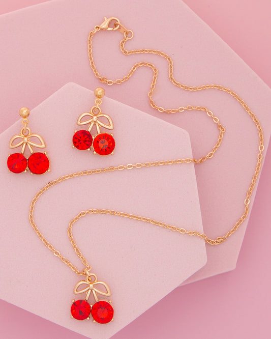 Scarlett Crystal Embellished Cherry Pendant Necklace and Earring Set