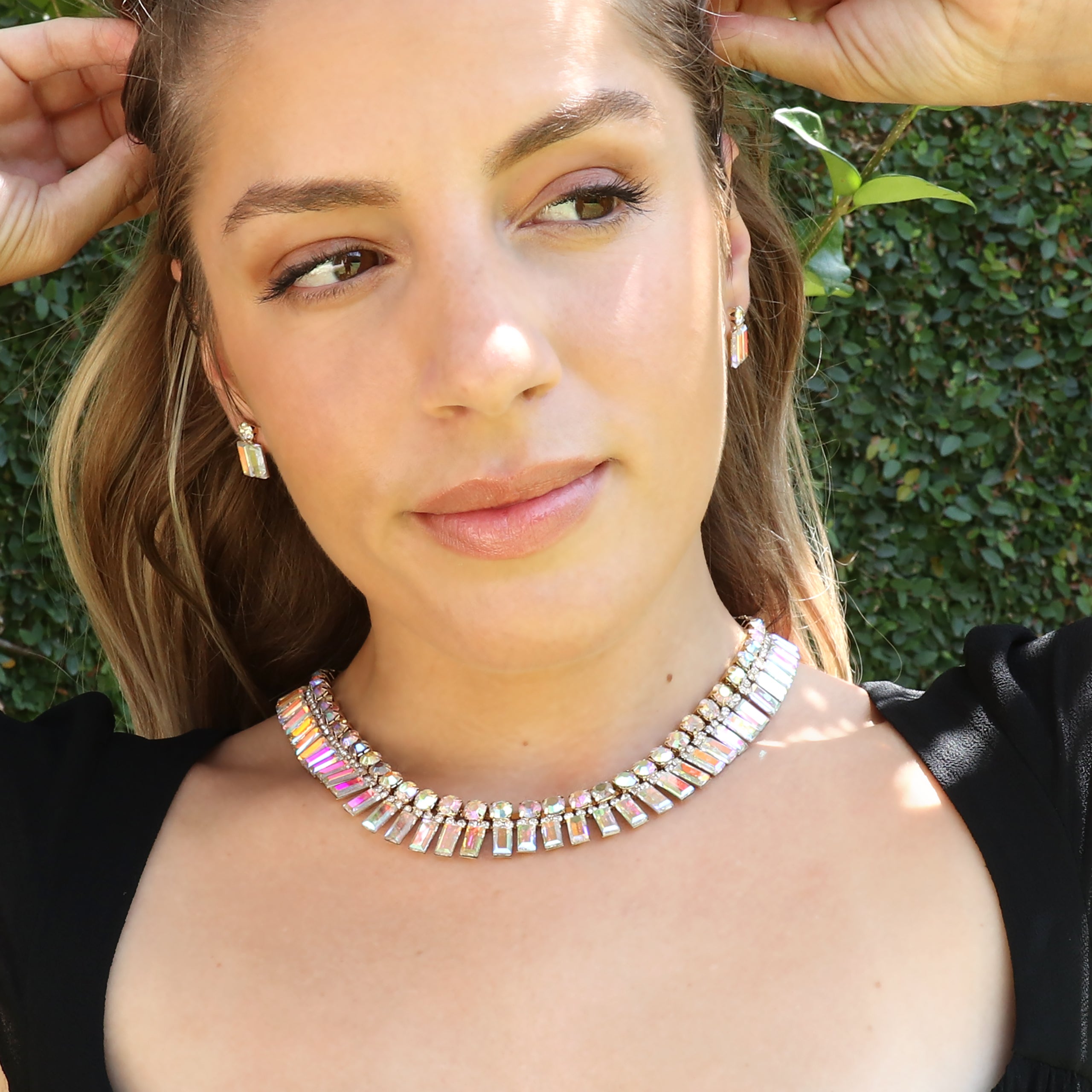 Danika Rectangular Stone Necklace & Earring Set | Gold Iridescent