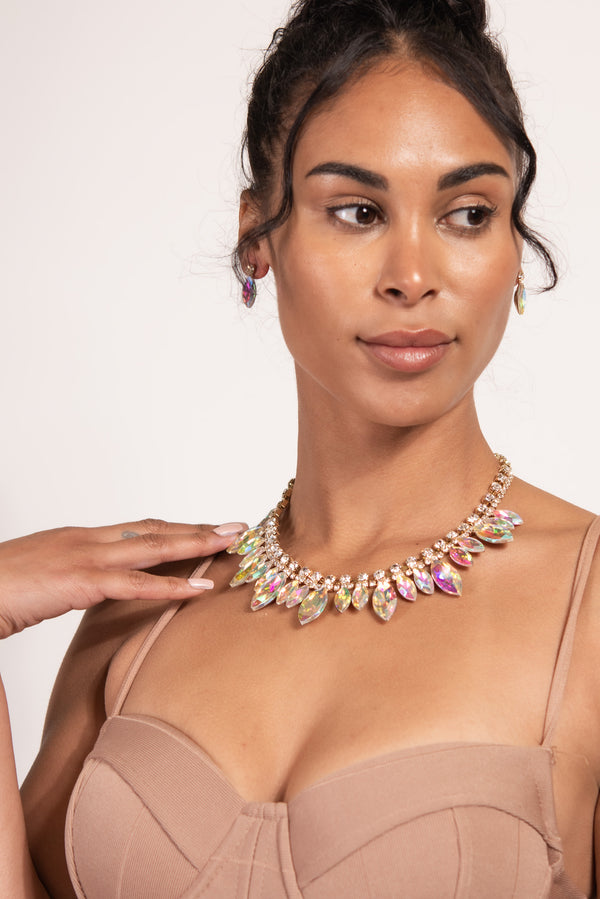 Giselle Marquise Stone Necklace & Earring Set - Gold Iridescent