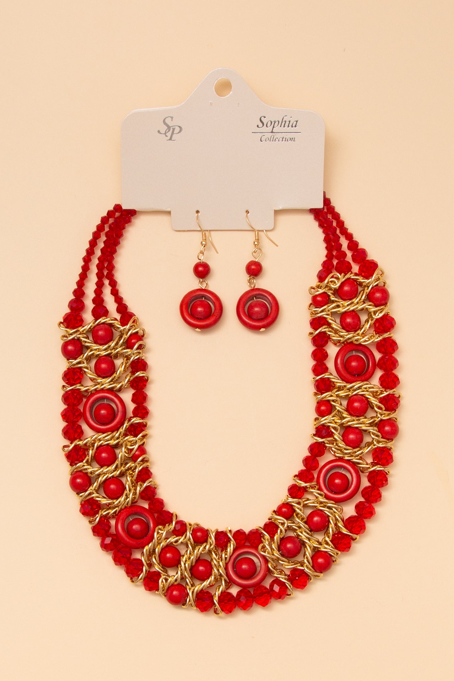 Katie Multicolor Spherical Beaded Necklace Earring Set | Red