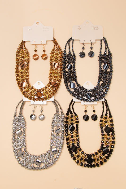 Shelby Multi Strand Woven Facet Bead Necklace Earring Set