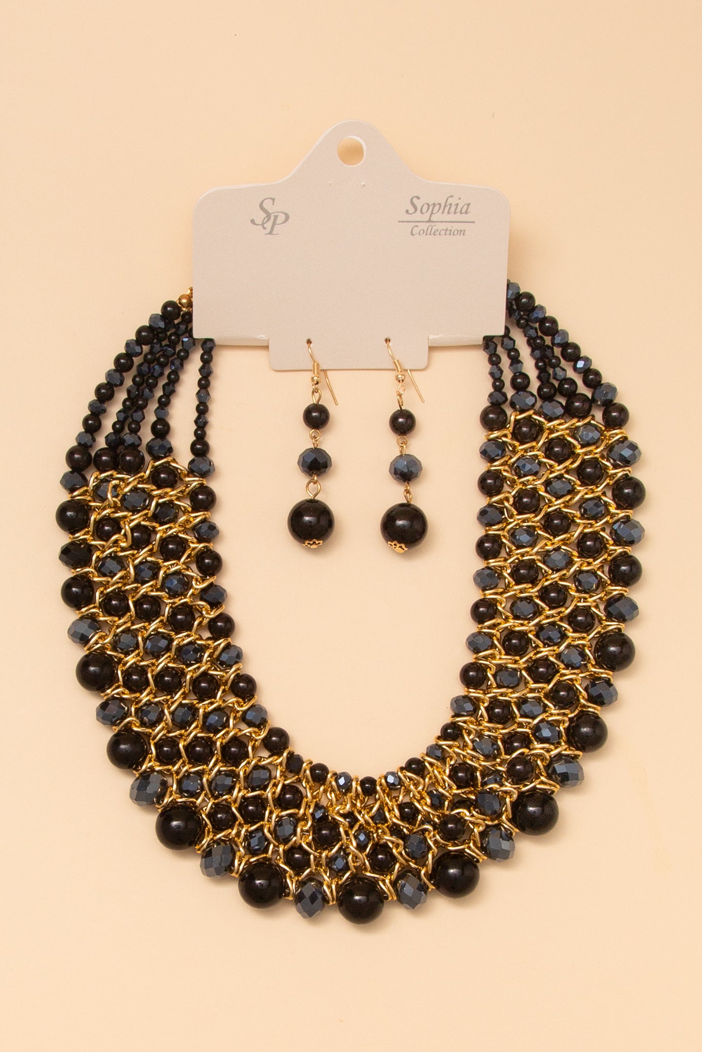 Jessica Multi Strand Pearl Facet Bead and Chain Necklace Earring Set | Black