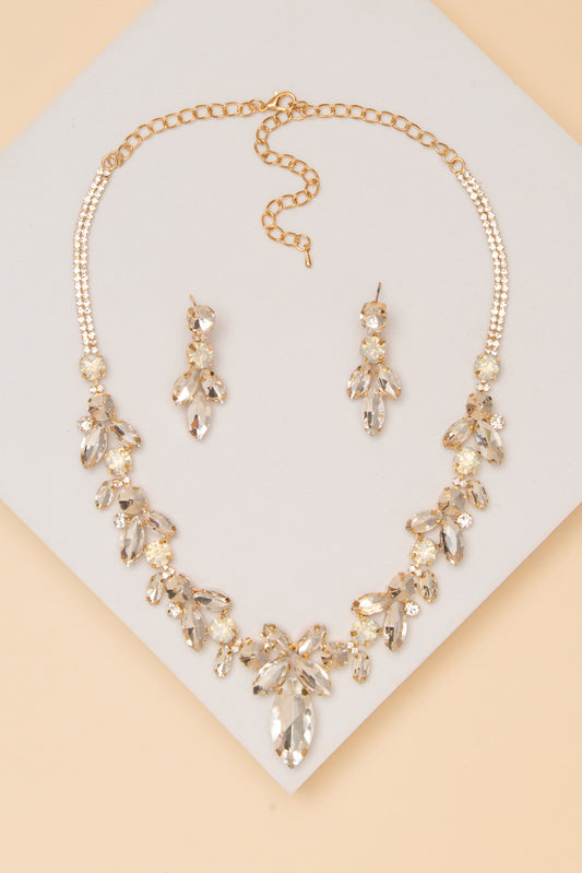 Margaret Floral Marquise Cut Crystal Necklace Earring Set | Gold