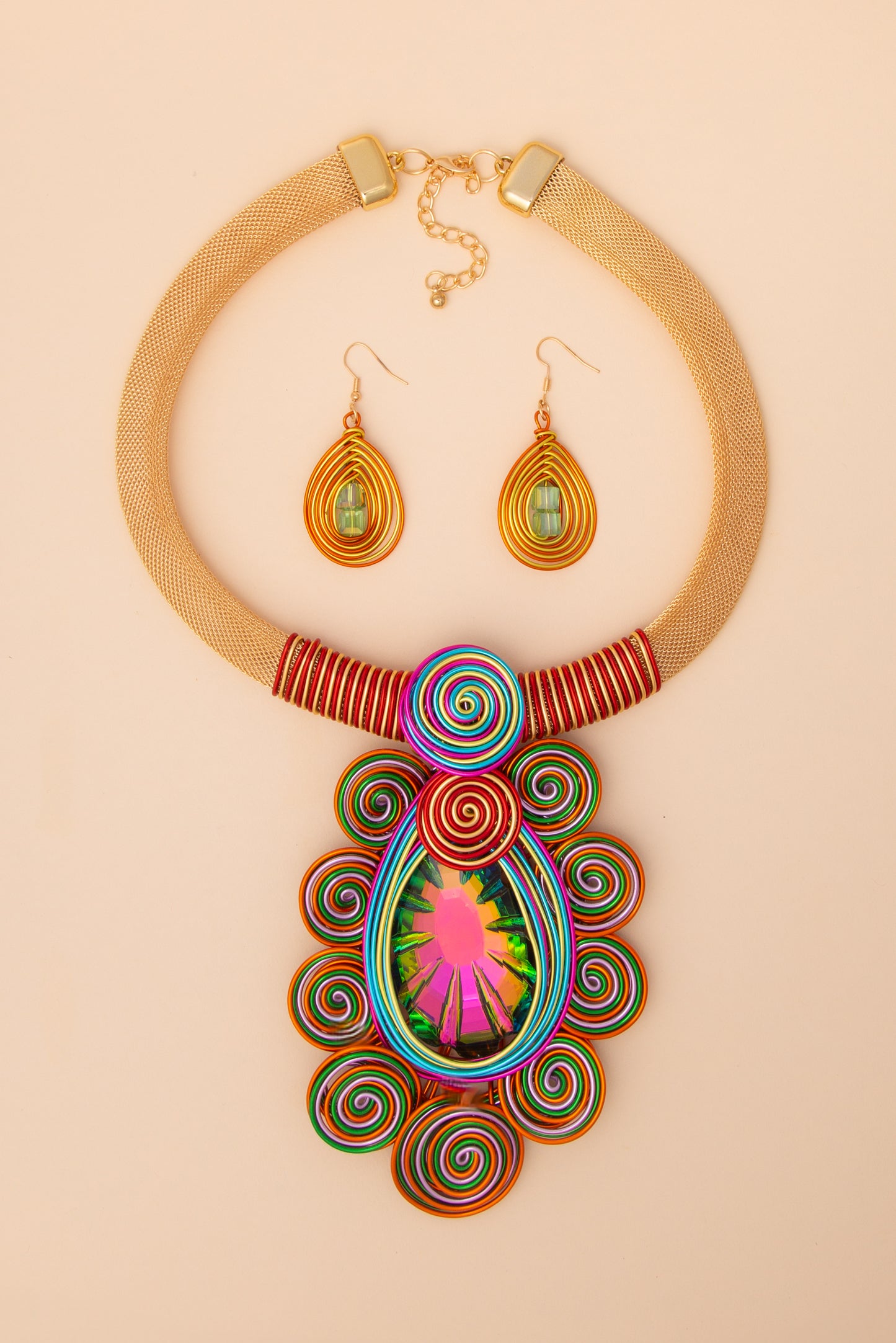 Violet African Inspired Resin Amulet Necklace and Earring Set